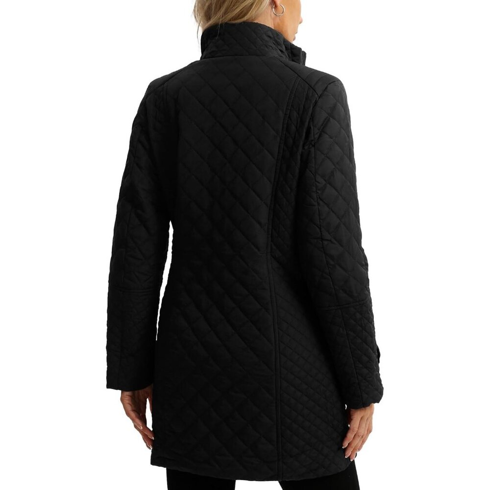 Women's Lightweight Black Long Quilted Jackets Coat Design Warm Stand Collar - Picture 4 of 6